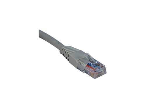 Gray molded Cat5e Ethernet cable featuring a clear RJ45 connector, designed for high-speed data transmission up to 350 MHz.
