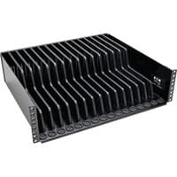 Black Tripp Lite 3U rack-mount storage shelf with multiple vertical dividers and vented front panel.