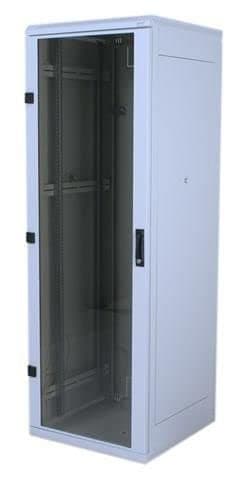Freestanding 42U rack in grey with a glass door, featuring a sturdy metal frame and adjustable shelves for equipment storage.