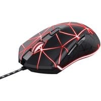 Black Trust GXT 133 Locx gaming mouse with red geometric LED patterns and braided USB cable.