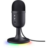 Black Trust GXT 234P Yunix table microphone with RGB-lit base, cylindrical shape, and front control buttons.