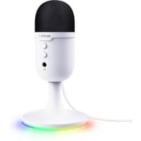 White Trust GXT 234P Yunix table microphone with black mesh top, control buttons, and RGB light base.
