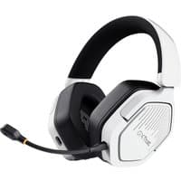 White Trust GXT 493W Carus headset with black cushioned ear cups, adjustable headband, and detachable microphone.