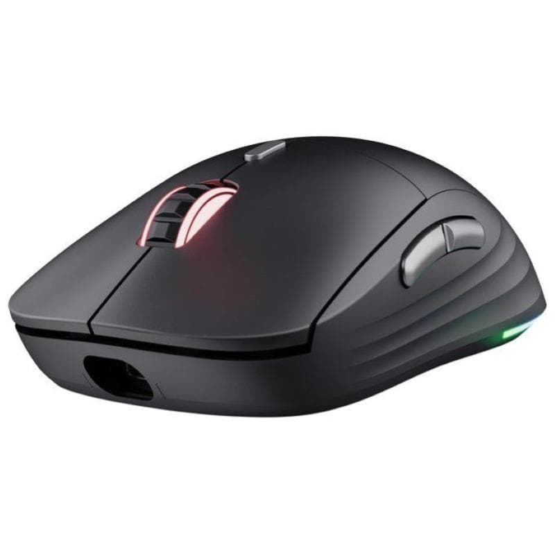 Black right-hand gaming mouse with a sleek design, featuring red LED accents, a scroll wheel, side buttons, and a wireless connection with a 10,000 DPI laser sensor.