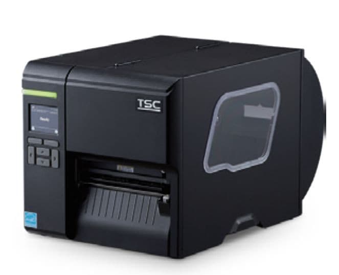 Black TSC ML241P label printer featuring a front control panel, a transparent media window, and connectivity options including USB, RS232, and Ethernet ports.