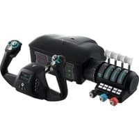 Black Turtle Beach flight control system with dual yokes, throttle quadrant, and LED display.