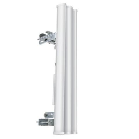 White sector antenna with three cylindrical elements, metal mounting bracket, and a sleek design, labeled with "Ubiquiti AM-5G20-90" and a 20.3 dBi gain specification.
