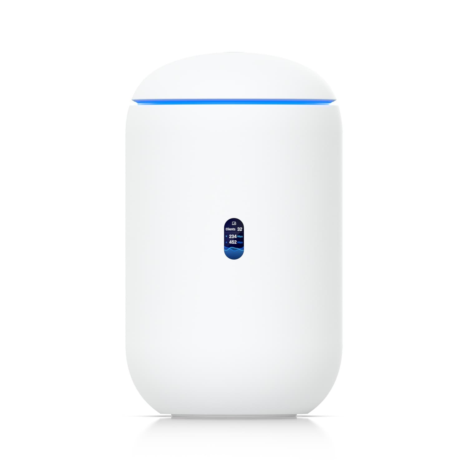 White Ubiquiti Dream 7 Wireless Router with a sleek rounded design, featuring a blue LED indicator and a central control panel for easy connectivity.