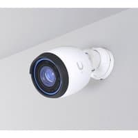 White Ubiquiti G5 Bullet IP security camera with black lens, mounted on a ceiling bracket.