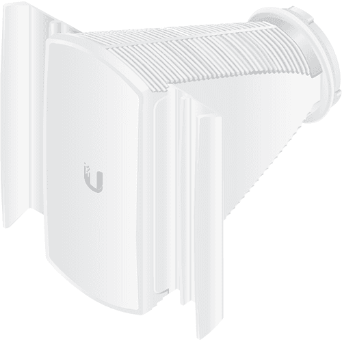 White Ubiquiti HORN-5-60 horn antenna with a sleek design, featuring ribbed texture for signal enhancement and a 16 dBi gain, ideal for outdoor network applications.