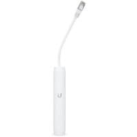 White Ubiquiti PoE adapter with cylindrical body, flexible cable, and Ethernet connector.