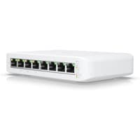 White Ubiquiti Lite 8 PoE switch with 8 Ethernet ports and LED indicators on the front panel.