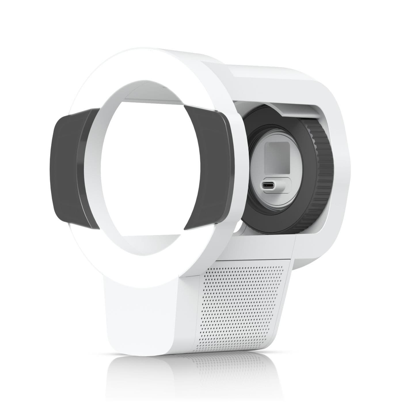 Ubiquiti Long-range IR LED in white with a circular design, featuring a USB-C port, textured black grip, and a mesh speaker area for enhanced functionality.