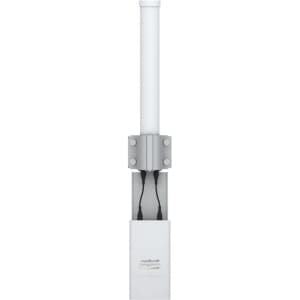 Ubiquiti Airmax Dual Omni antenna in white with a sleek cylindrical top, mounted on a grey base featuring dual cable connectors for enhanced wireless performance.