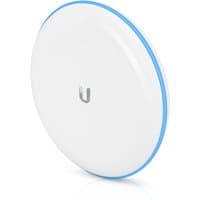 White Ubiquiti Networks bridge with circular design, blue edge, and central logo.