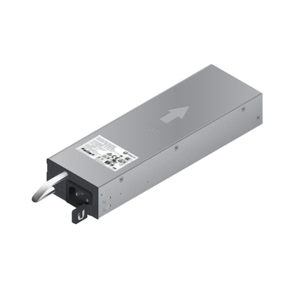 Silver metal power supply unit with a clear label on one side, featuring an arrow indicating orientation, and a power input socket on the end.