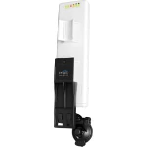 White Ubiquiti window/wall mount with a black adjustable bracket, designed for Ns2/Ns5 and Locom2/Locom5 models, featuring LED indicator lights on top.