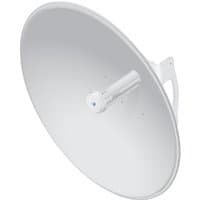 White Ubiquiti PBE-5AC-620 bridge with large parabolic dish and central mounting bracket.
