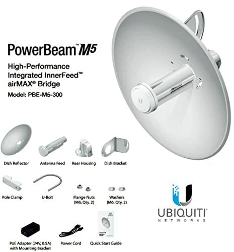 White sector antenna with a 22 dBi gain, featuring a curved reflector, metal housing, and various mounting accessories including a pole clamp and power adapter.