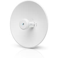 White Ubiquiti PowerBeam 2AC directional network antenna with circular dish and central mounting bracket.