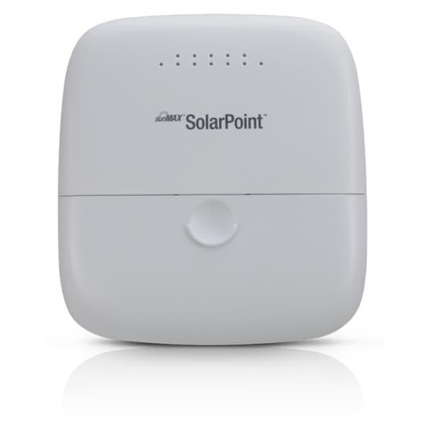 White, compact solar management device with a smooth finish, featuring the "sunMAX SolarPoint" logo, a circular button, and several small indicator lights on the top.