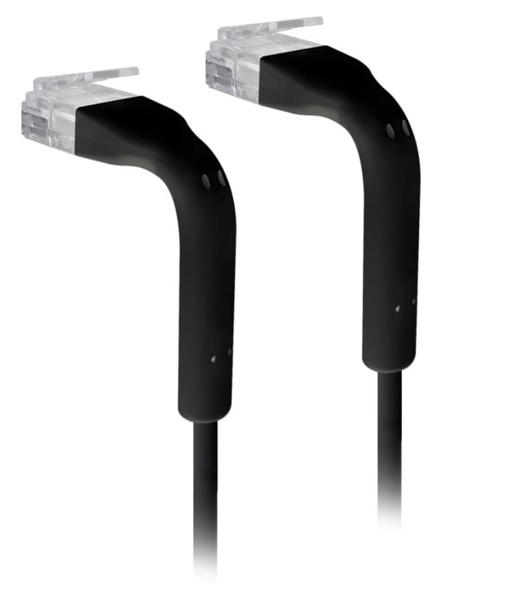 Black 1M Unifi patch cable with flexible ends that bend to 90 degrees, featuring transparent connectors at both ends for easy connectivity.