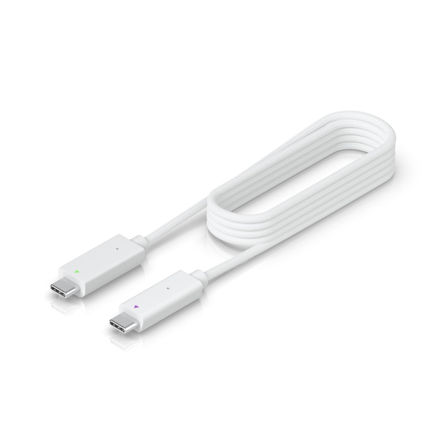 White, flexible audio cable featuring two USB-C connectors, designed to connect Ubiquiti Ai Theta Audio to Ai Theta Hub, with a sleek, modern appearance.