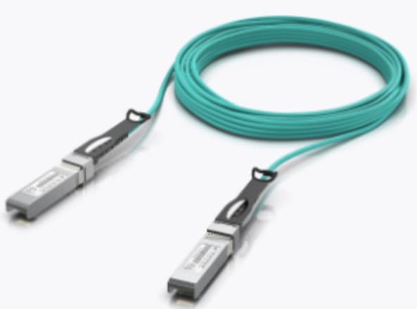 Aqua-colored fibre optic cable with two SFP+ connectors at each end, featuring gray and black housings and a flexible design for high-speed data transmission.