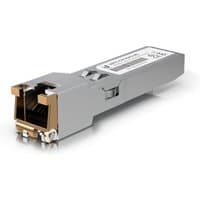 Silver Ubiquiti network transceiver module with copper connectors and labeled top surface.