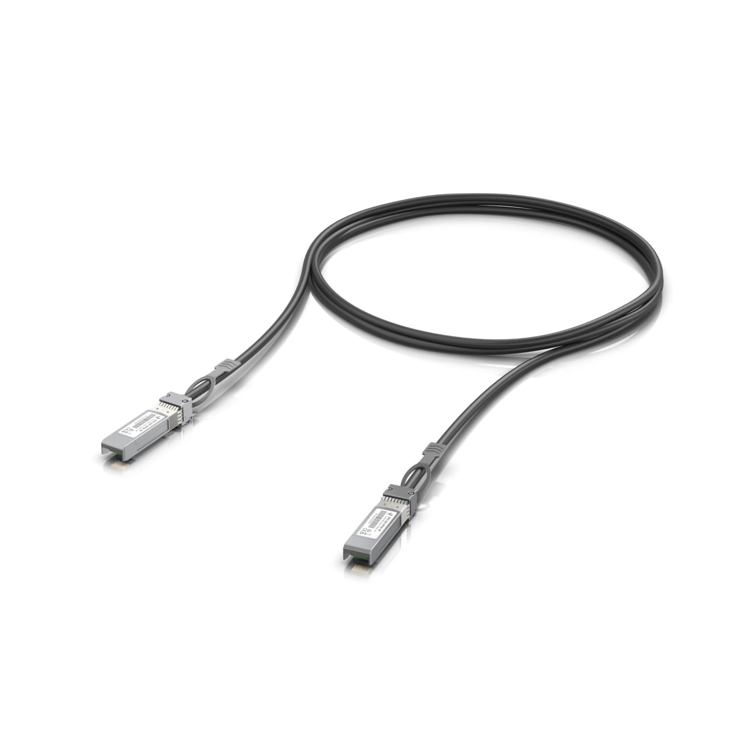 Black SFP28 direct attach cable, 1 meter long, with metal connectors on both ends, designed for high-speed data transfer in Ubiquiti networking equipment.