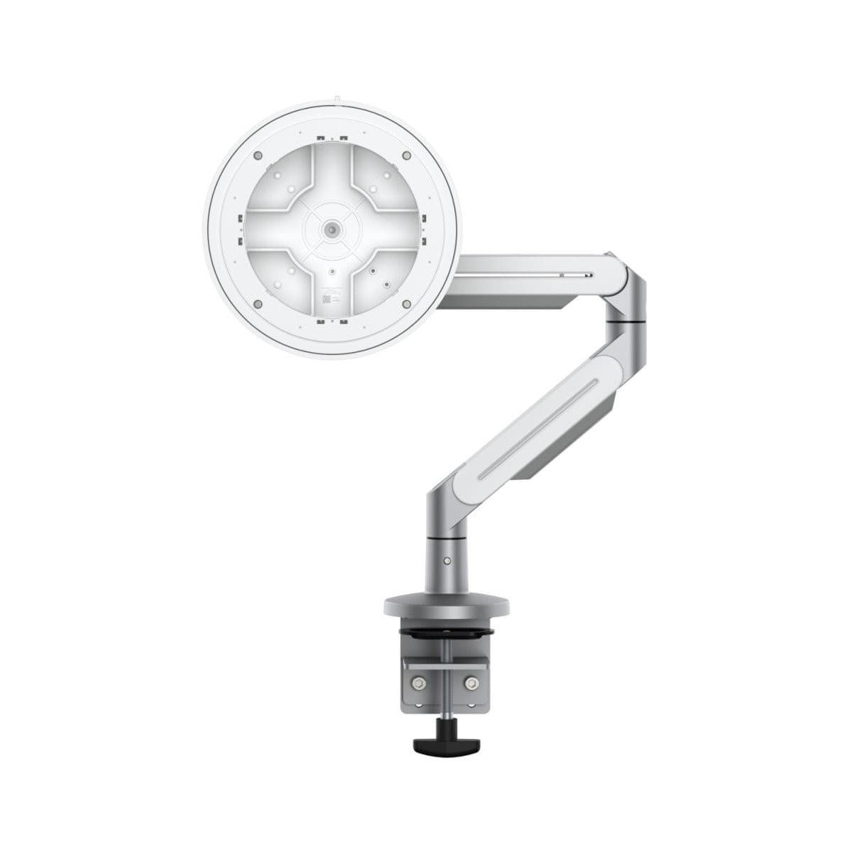Ubiquiti UACC-Display-AM monitor mount in silver and white, featuring a sturdy arm and clamp for adjustable positioning of a 21.5-inch display.
