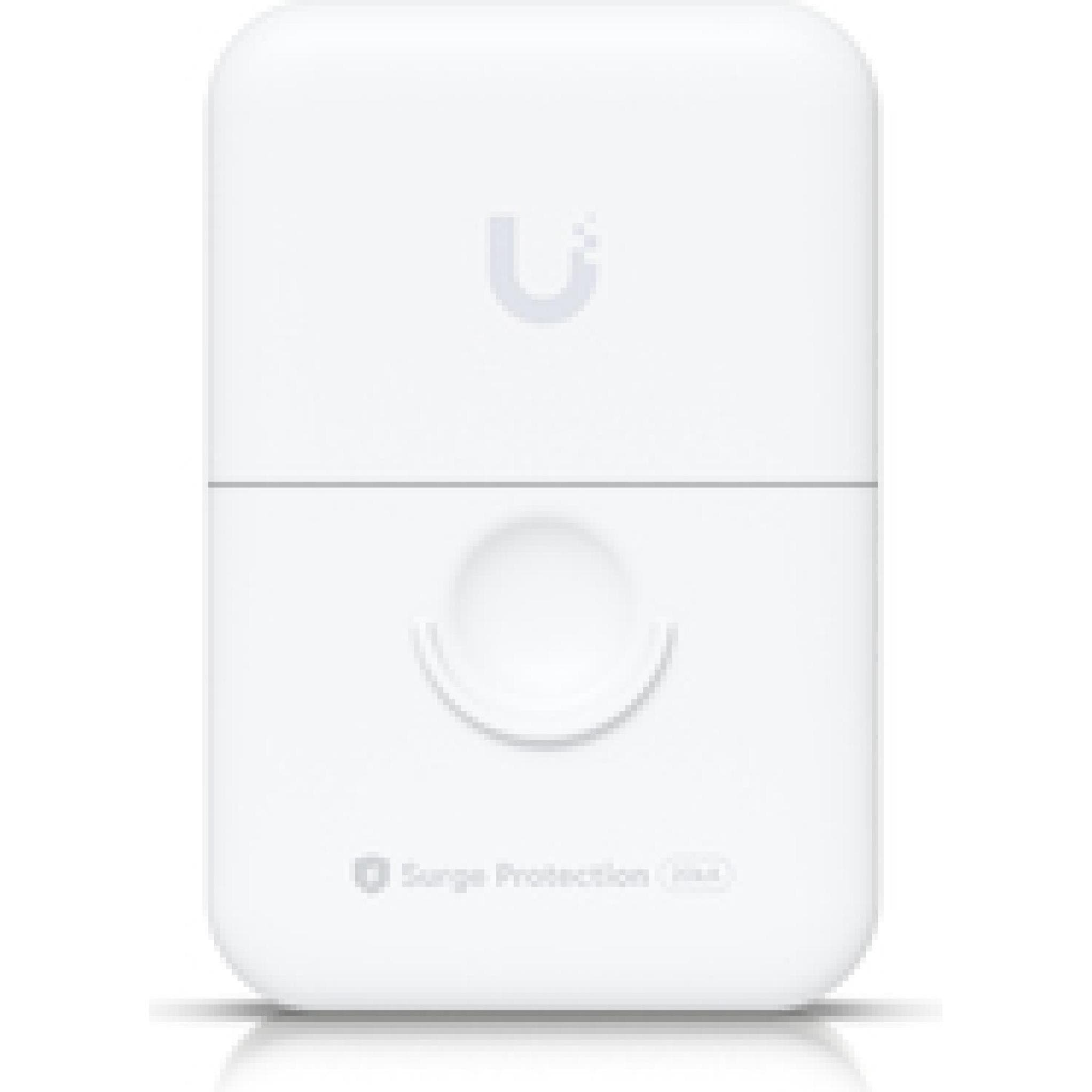 White surge protector with a smooth finish, featuring the Ubiquiti logo and a circular button, designed for outdoor high-speed network protection.