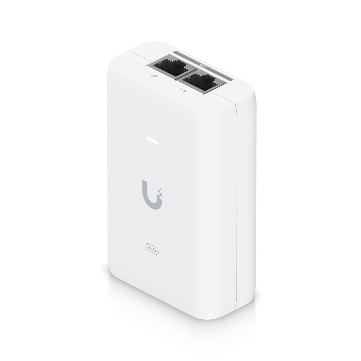 White Ubiquiti UACC-PoE+-2.5G device with two Ethernet ports, featuring a sleek design and Ubiquiti logo on the front, ideal for 2.5 Gigabit Ethernet connections.
