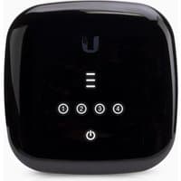 Black Ubiquiti UF-WIFI wireless router with glossy finish, LED indicators, and Gigabit Ethernet ports.