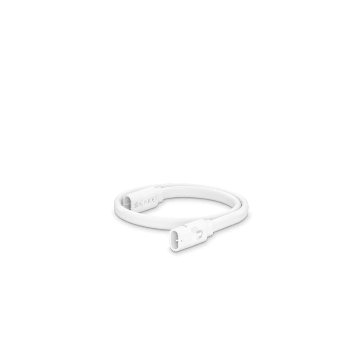 White power cable with two connectors, designed for Ubiquiti UISP Transport, featuring fire-resistant material and a flexible design for easy installation.