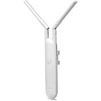 White Ubiquiti Unifi AC Mesh router with dual antennas, sleek vertical design, and Power over Ethernet capability.