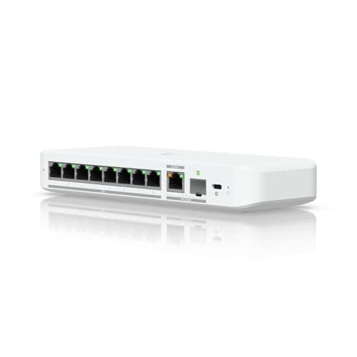 White Ubiquiti UniFi Flex 2.5G managed L2 Ethernet switch featuring eight ports, LED indicators, and a sleek, compact design suitable for desktop or wall mounting.