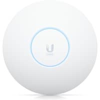 White Ubiquiti UniFi6 Enterprise access point with circular design and glowing blue LED ring.