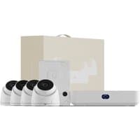 Ubiquiti UNVR-Instant-Kit with four white dome cameras, a beige box, and a sleek white network video recorder.