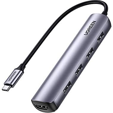 Sleek silver Ugreen 20197 Laptop Dock with a USB-C connector and four USB 3.2 Gen 1 ports for easy connectivity and expansion.