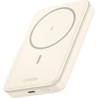 Beige Ugreen 10000 mAh power bank with wireless charging, circular charging pad, and USB port.
