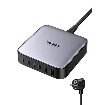 Ugreen 40914 Nexode 200W charger features a sleek silver and black design, with multiple USB-C and USB-A ports and a detachable power plug for versatile charging options.