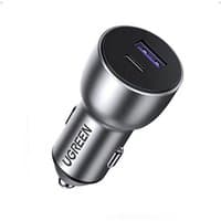 Black and silver Ugreen 52.2W car charger with USB-C and USB-A ports, compact cylindrical design.