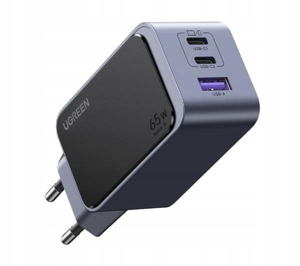 Ugreen Nexode S 65W charger in sleek gray with a matte black top, featuring three ports: USB-C (x2) and USB-A, designed for fast charging with GaN technology.