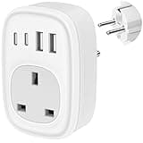 White UK to EU plug adapter with USB-C and USB ports, grounded design, detachable Euro plug, by Tusreda.
