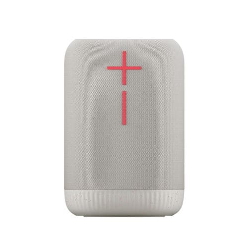 Portable white speaker with a textured fabric finish, featuring a prominent red plus sign and a sleek, rounded design, ideal for parties and outdoor use.