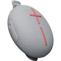 Grey Ultimate Ears portable speaker with red cross volume buttons and mesh design.