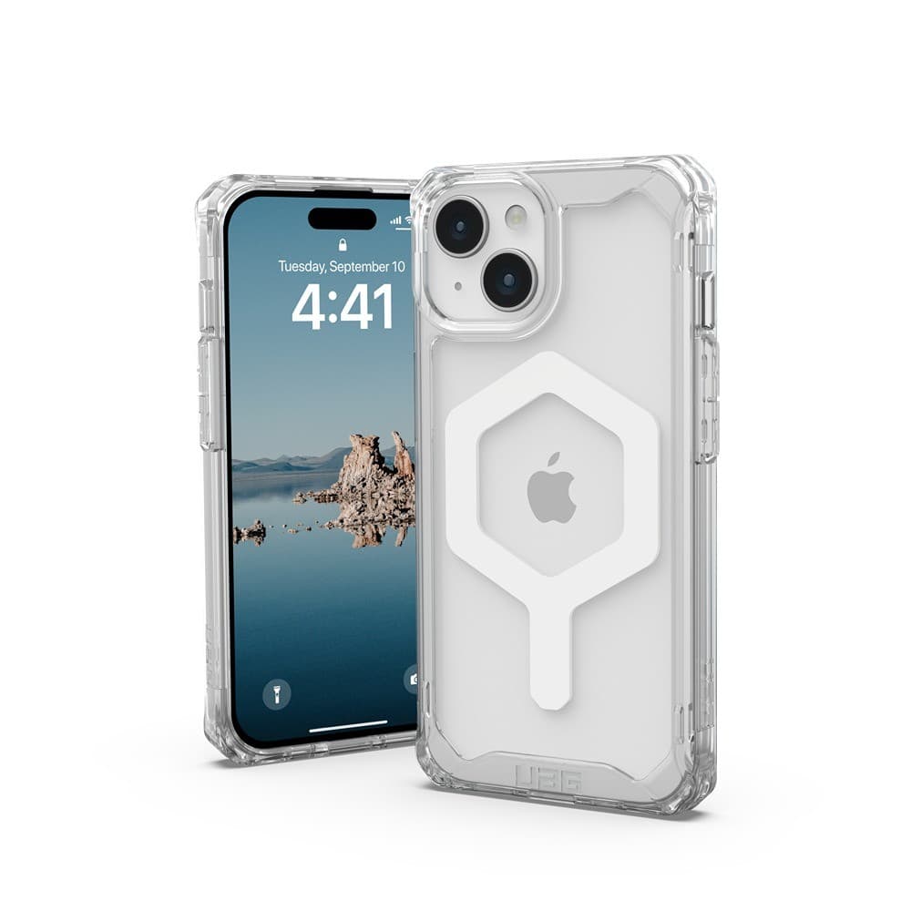Clear Urban Armor Gear mobile phone case with a hexagonal MagSafe attachment, designed for 15.5 cm (6.1") devices, showcasing rugged edges and a transparent back.