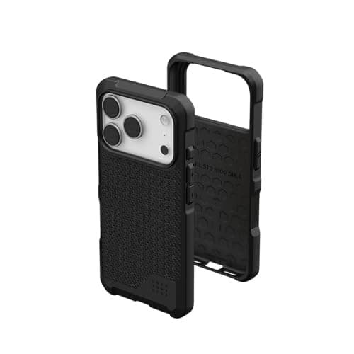 Black Urban Armor Gear mobile phone case featuring a textured back, precise cutouts for camera and buttons, and a durable, rugged design for enhanced protection.
