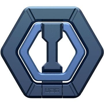 Hexagonal mobile phone case accessory in navy blue and light blue, featuring a rugged design with a textured grip and the UAG logo prominently displayed.